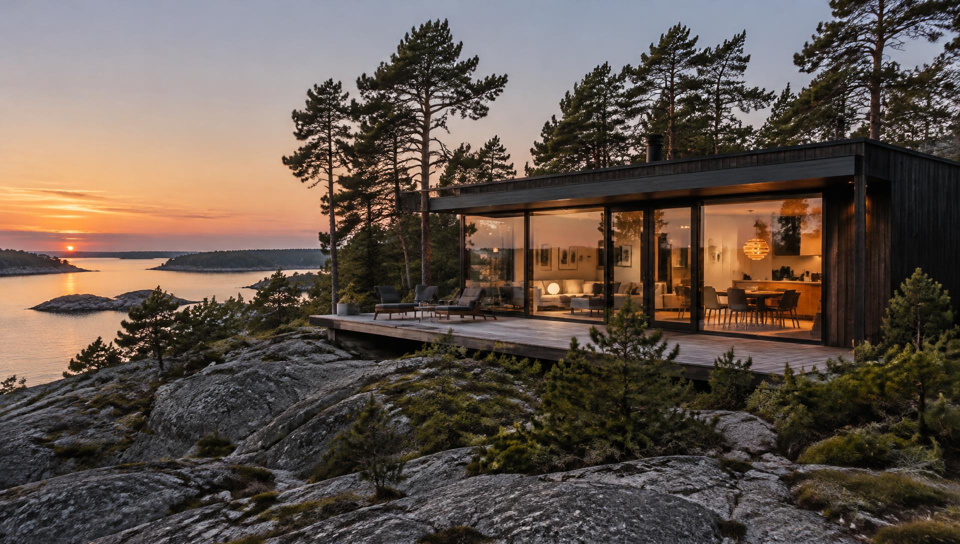 Arkitektoniskt småhus på klippor vid havet i skymning (konceptbild)